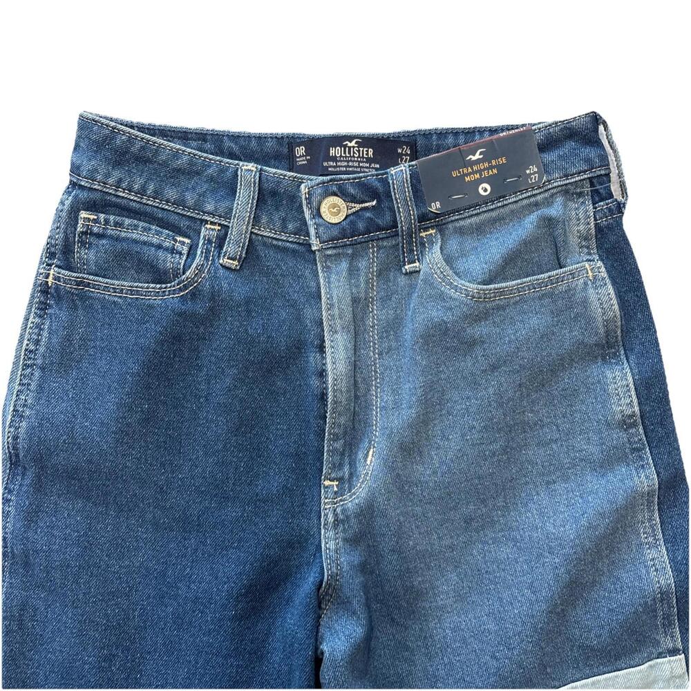 Hollister Patchwork Denim Ultra High-Rise Mom Jeans W24 Vintage Stretch Blue - Picture 4 of 7